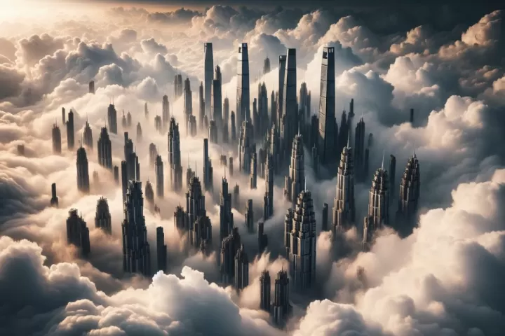 A surreal skyline of impossibly tall buildings rising into the clouds