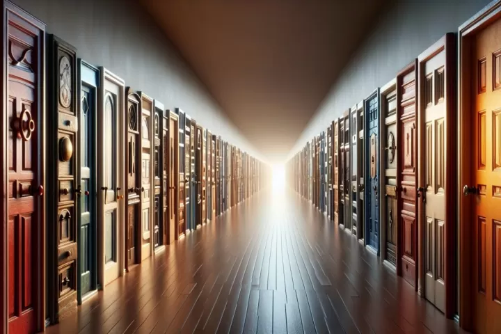 An endless dreamlike hallway lined with many doors, glowing with mystery and possibility.