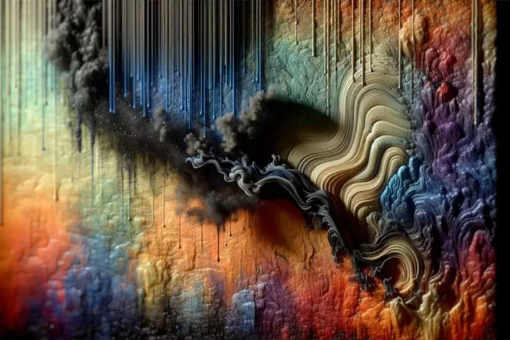Symbolic illustration of dark ink flowing down walls inside a dreamlike room