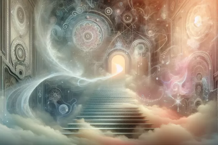 A mysterious staircase fading into darkness, symbolising uncertain progress, hidden guidance, and the unseen path in dreams.