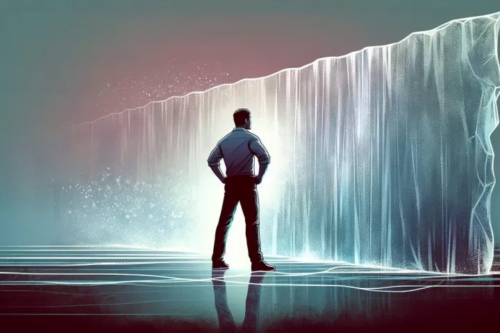 A dreamlike figure reaching toward a transparent barrier in a dim surreal space.