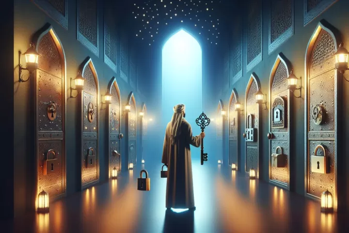 Symbolic illustration of a person holding a key that does not fit several locked doors in a dim hallway