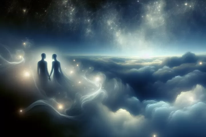 A dreamlike illustration of two figures leaning toward a kiss in a soft celestial glow.