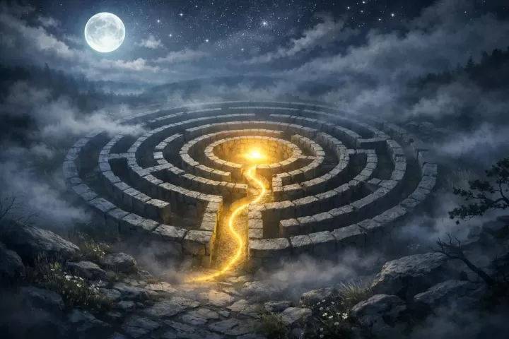 Symbolic illustration of a moonlit stone labyrinth with a glowing path leading to its center