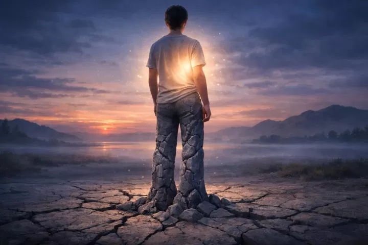 Symbolic illustration of a person whose legs are turning to stone while standing in a surreal twilight landscape
