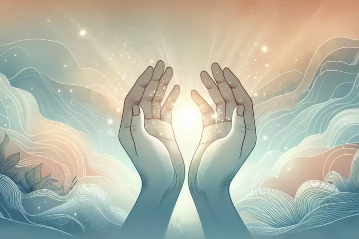 Dreamlike glowing hands releasing golden light, symbolising healing, power, and inner guidance.