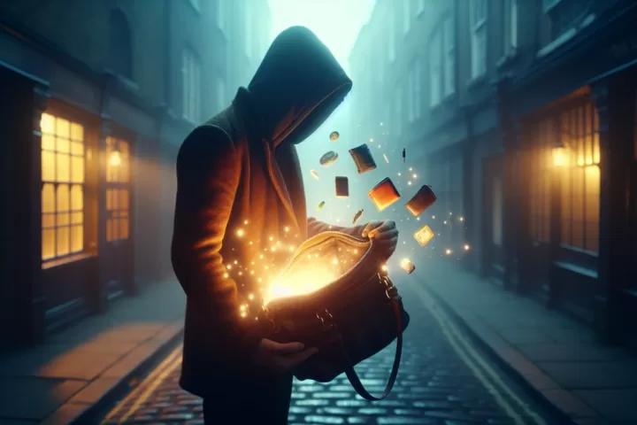 Symbolic illustration of a person discovering a missing purse or wallet on a dimly lit street