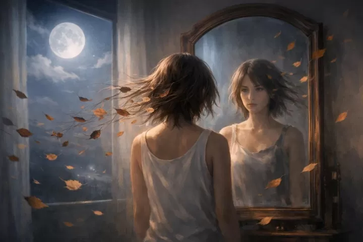 Symbolic illustration of a person noticing hair drifting away in front of a mirror under soft moonlight
