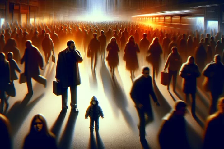 A symbolic parent searching for a child in a crowded public place