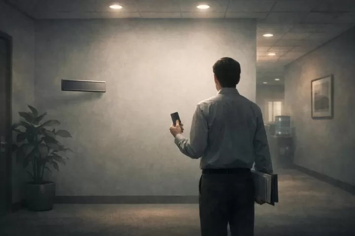 Symbolic illustration of a person in an office hallway where their office has disappeared