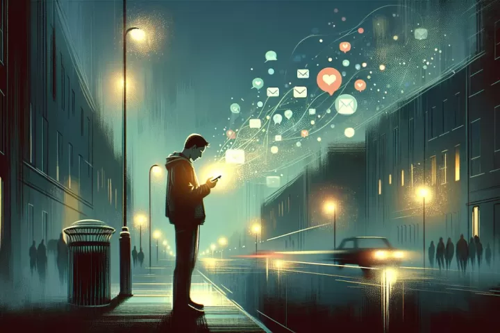 A symbolic illustration of a person searching for a lost phone in a twilight setting with fading message icons.