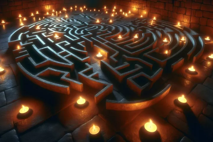 A glowing candle-lit maze representing inner searching, uncertainty, and spiritual guidance