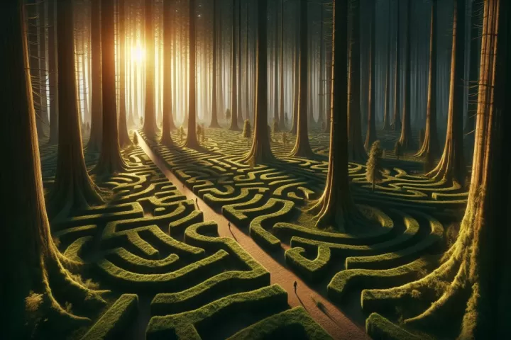 A dreamlike forest maze with winding paths, tall trees, and dim light filtering through the branches.