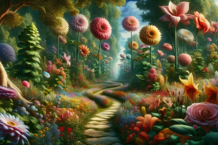 A dreamlike giant garden filled with towering flowers, winding paths, and deep green shadows, symbolising growth, wonder, and uncertainty.