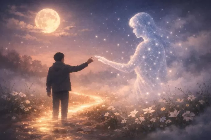 Symbolic illustration of a dreamer reaching toward the glowing presence of a lost loved one in a peaceful twilight landscape