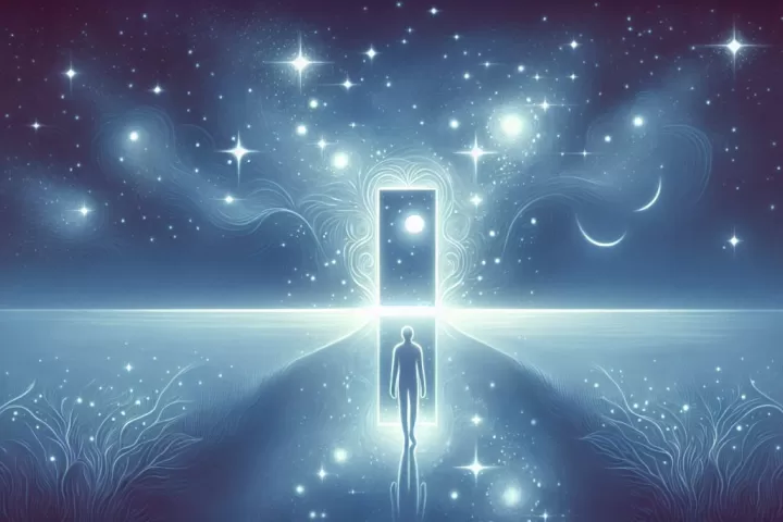 Symbolic illustration of a person becoming aware inside a dream in a moonlit surreal landscape