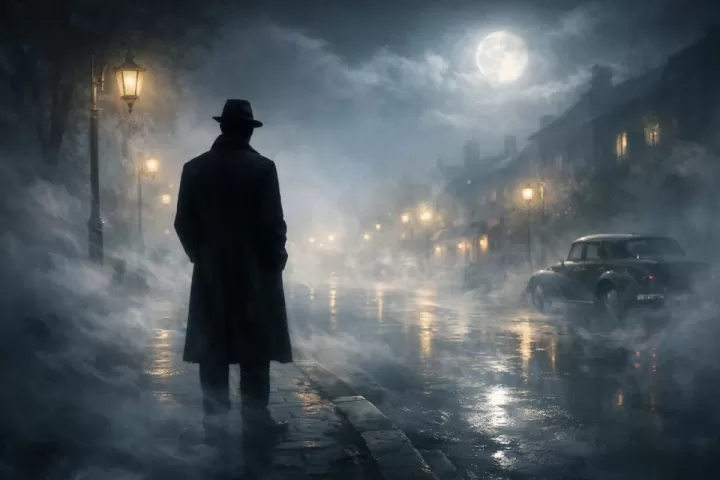 Symbolic illustration of a faceless man in a misty dreamlike setting at night