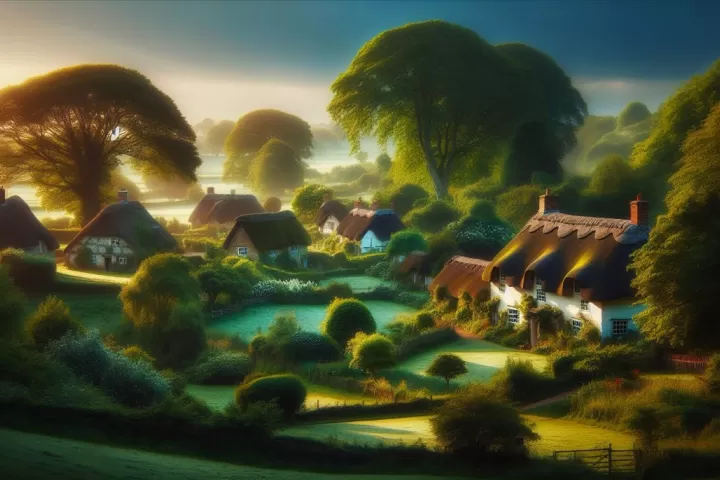 A peaceful village scene depicting cottages surrounded by nature.
