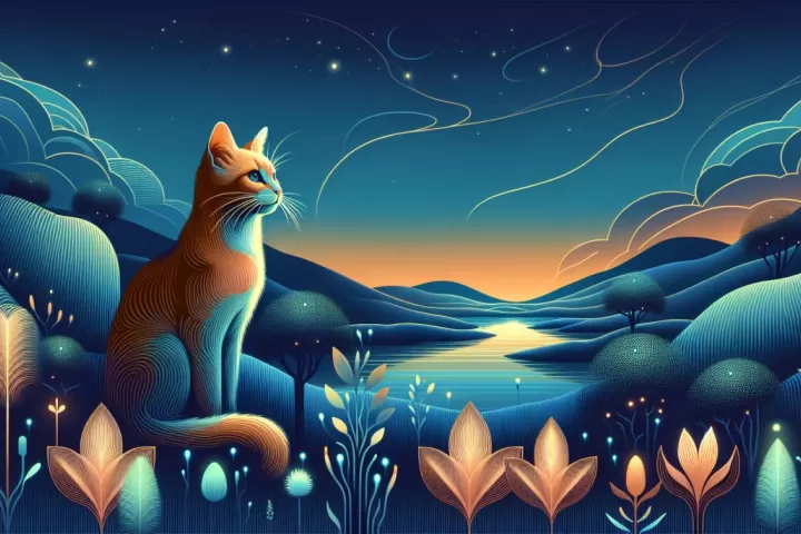 A serene cat lounging in a whimsical dreamlike landscape, symbolizing tranquility and introspection.