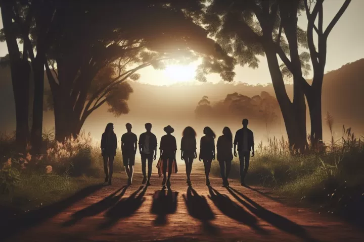 Silhouettes of friends walking together in a serene landscape.