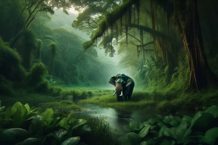 A majestic elephant walking through a lush jungle, symbolising wisdom, memory, and quiet strength.