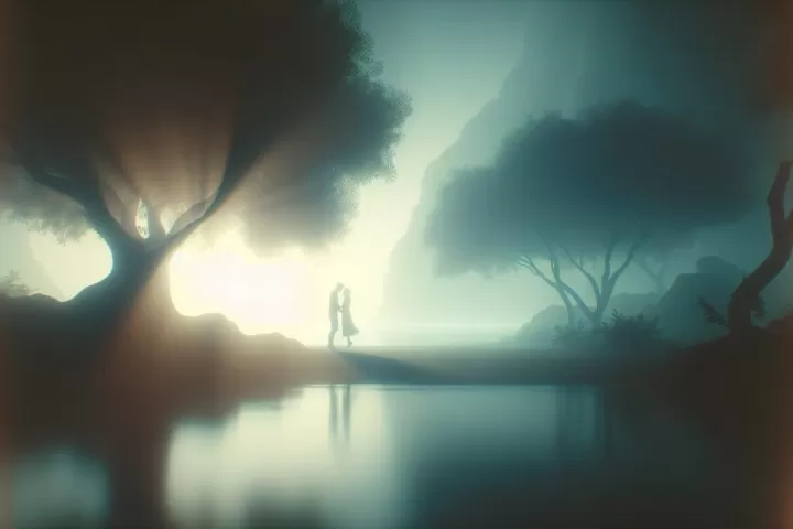 Silhouettes of two figures about to kiss in a dreamlike setting.