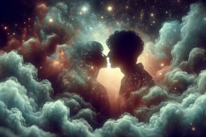 An ethereal kiss between two silhouettes in a dreamy landscape.