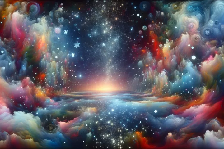 A dreamlike canvas filled with symbolic colours and shapes, representing a dream about paintings.
