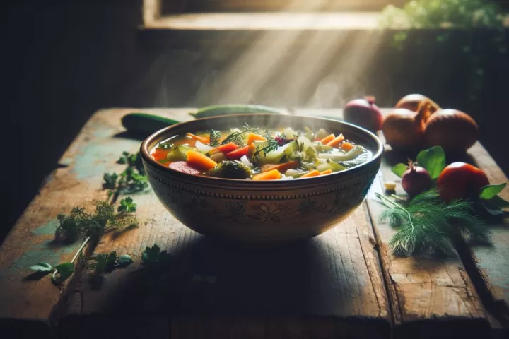 A bowl of soup with vegetables on a wooden table