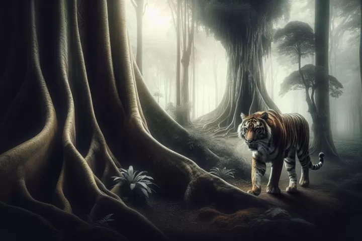 A tiger moving through a misty forest, symbolizing power, instinct, and intensity in dreams.