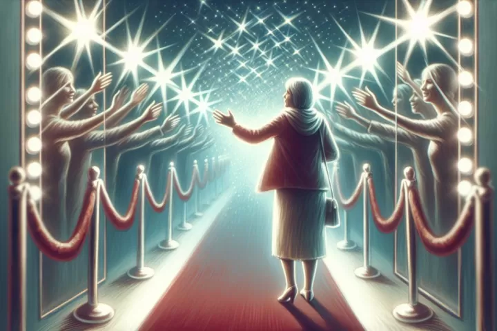 A symbolic dreamlike meeting with a celebrity under soft lights and flashes