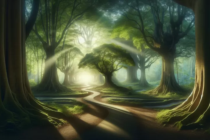 A glowing ancestral gathering in a quiet dreamlike landscape.