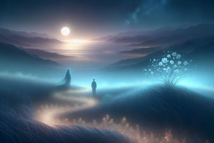 A calm symbolic meeting with a deceased loved one in a moonlit dream landscape
