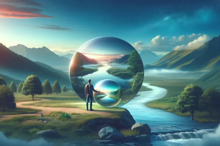 A dreamlike person facing an older future version of themselves in glowing twilight.