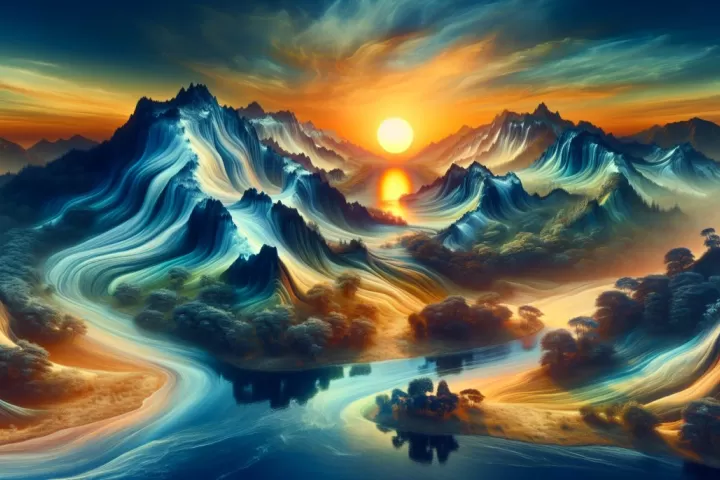 Dreamlike melting mountains glowing under a shifting sky, symbolising change and emotional release