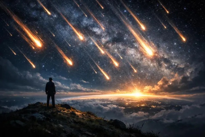 Symbolic illustration of a meteor shower striking Earth while a person watches from a hill at night