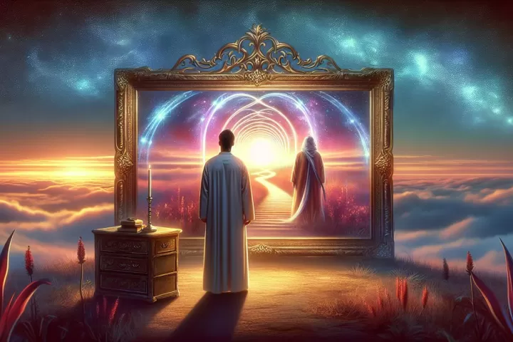 A person looking into a mirror that reflects a future version of themselves in a symbolic glowing landscape