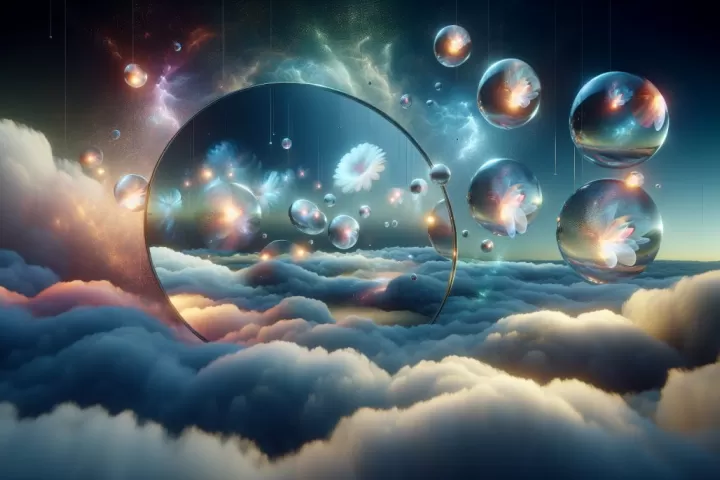 A dreamlike scene of floating mirrors suspended in dark space, symbolising reflection, identity, and hidden truth.