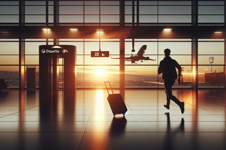Symbolic illustration of a traveller missing a flight in an airport at twilight