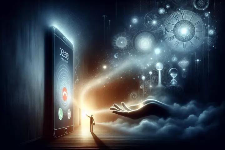 Symbolic illustration of a person reaching for a fading incoming call on a phone in a dim hallway