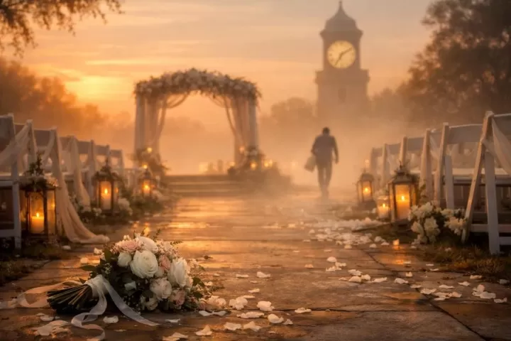 Symbolic illustration of a person rushing toward an empty wedding venue at sunset with a clock and bouquet