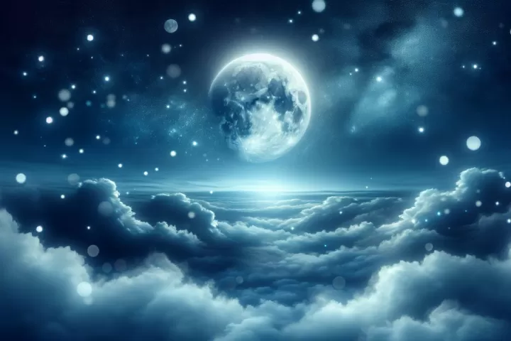 A glowing full moon above a dark sky, reflecting the emotional and intuitive symbolism of moon dreams.