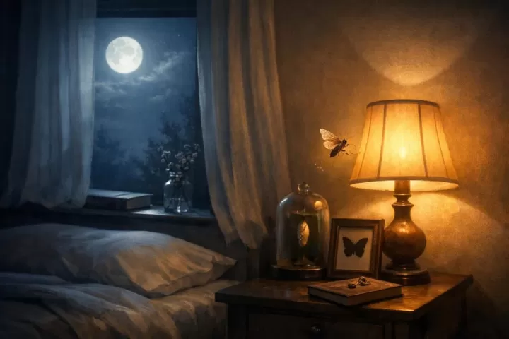 Symbolic illustration of a moth flying in a softly lit bedroom at night