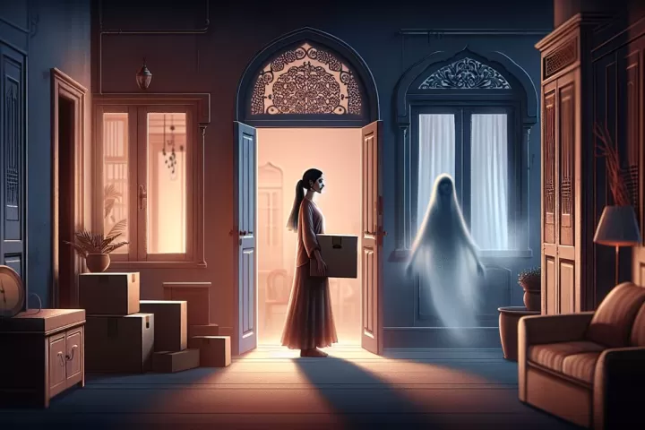 Symbolic illustration of someone moving into an eerie apartment with boxes and faint ghostly shadows inside