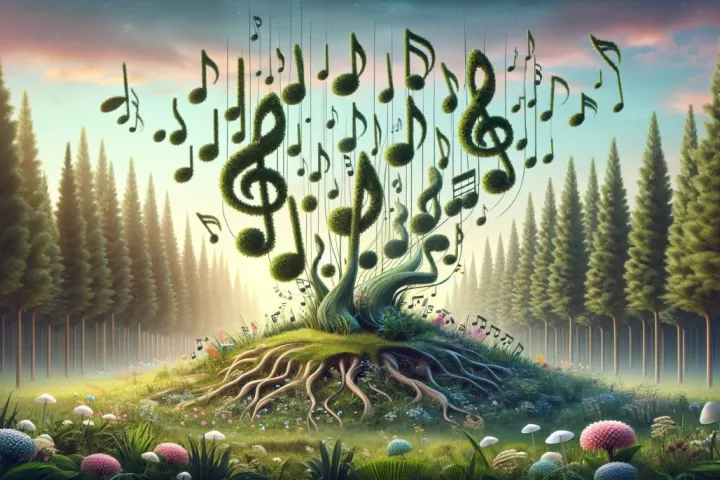 Dreamlike music rising from the ground in a glowing natural landscape.