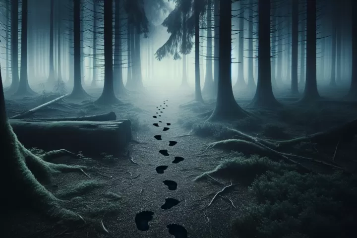 Mysterious footprints leading into a foggy forest