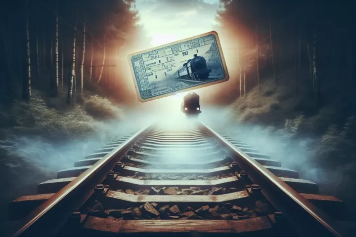 A symbolic dreamlike railway ticket glowing above misty tracks and a distant train station.
