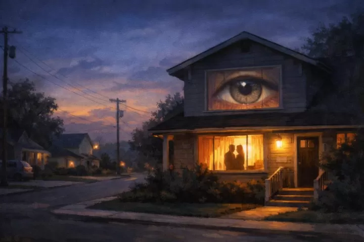 Dreamlike illustration of a house at dusk with neighbours watching from behind curtains, symbolising privacy and feeling observed.