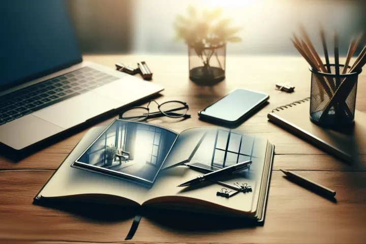 A calm office desk with papers and workspace details, representing productivity and personal order.