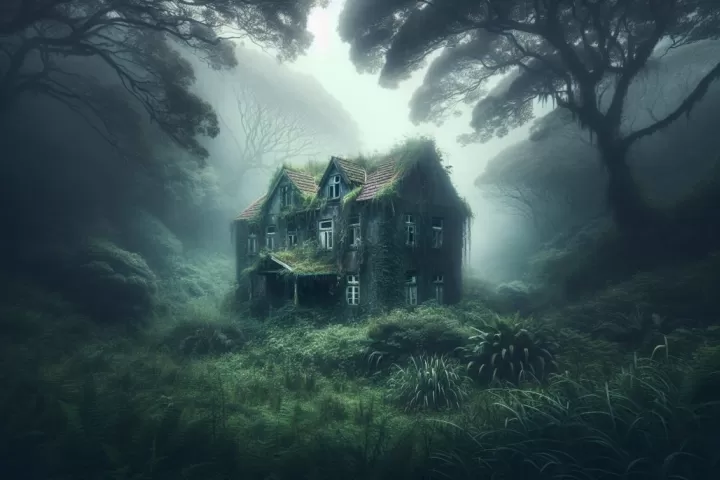 An old abandoned house surrounded by overgrowth, symbolising forgotten memories, neglected emotions, and the past returning in dreams.